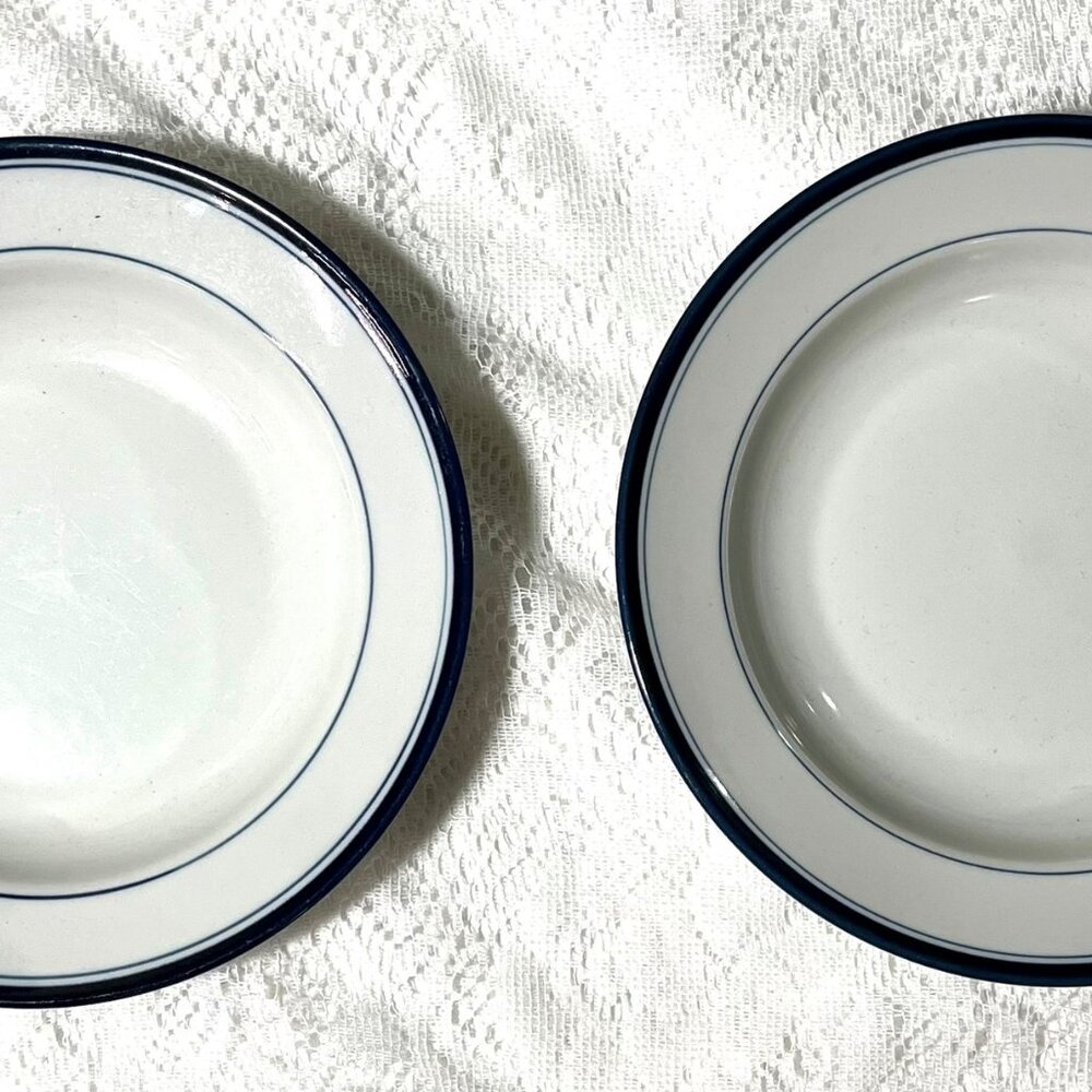 RANMARU Japan “Blue Simplicity” Rim Soup Bowl-Set of 2, Blue Bands, Haniwa Stone